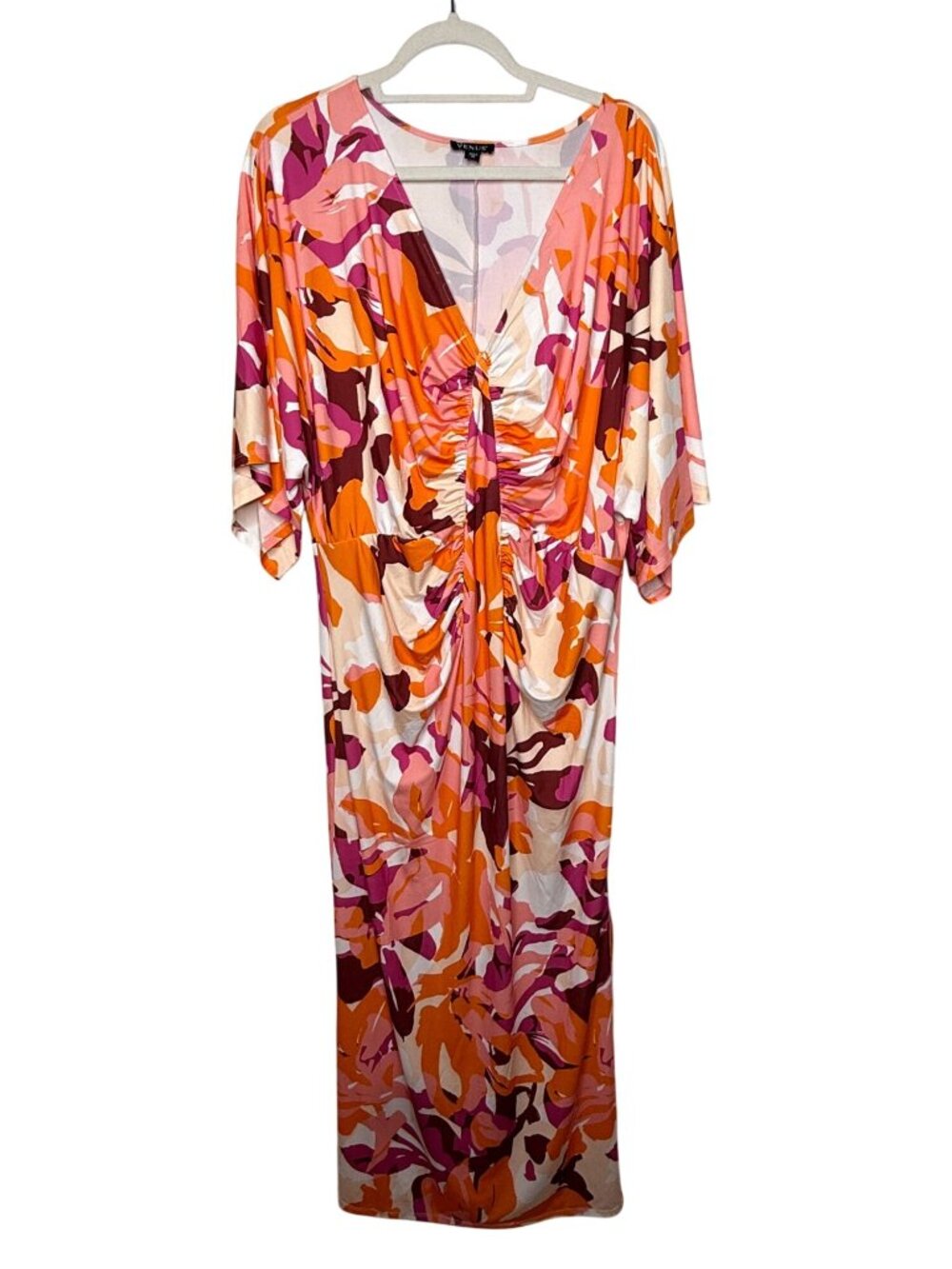 Venus XL Floral Maxi Dress Ruched Front Kimono Sleeves Boho Resort Pink Orange